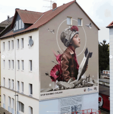 Kultur - Fassadenkunst Engagierte HipHop-Kultur/BS in Kooperation mit "stop bombing civilians" an Hausfassade Eichtalstr.8
